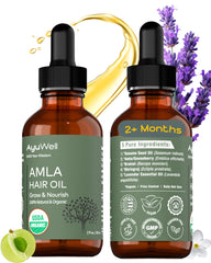 USDA organic label on Ayuwell hair oil bottle highlighting clean ingredients.