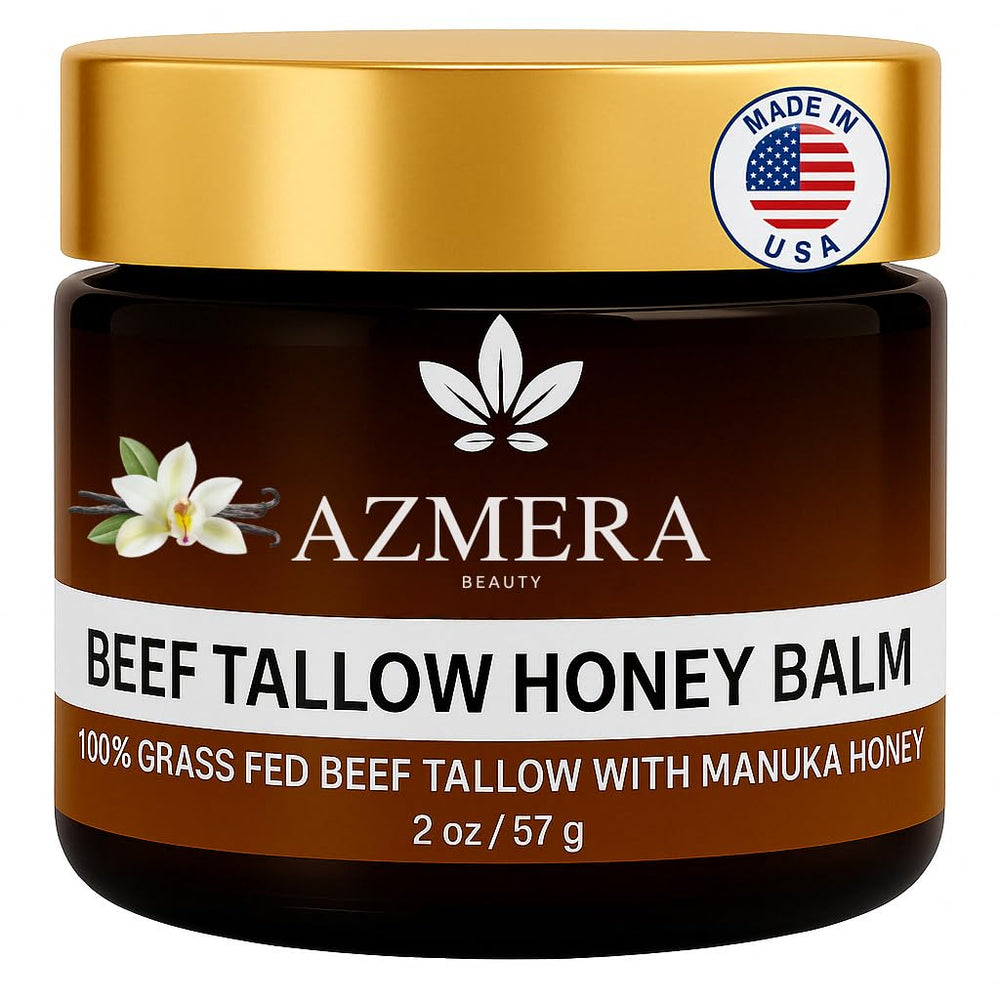Azmera Beauty beef tallow balm vanilla jar for deep hydration and skin nourishment.