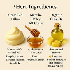 Azmera Beauty Manuka honey tallow balm ideal for deep hydration and soothing dry skin.
