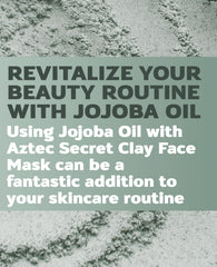 Aztec Secret Jojoba Oil skin application panel shows soothing moisture for dry skin.