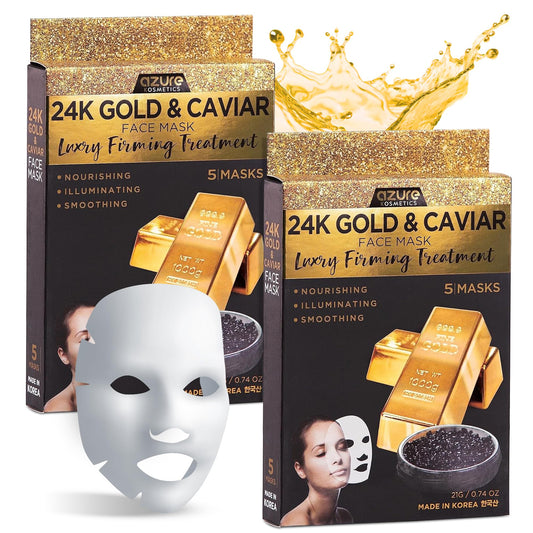 Azure Cosmetics 24K Gold and Caviar mask packaging close-up for radiant hydration.