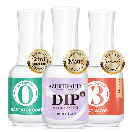 AzureBeauty dip powder liquid set bottles showing base and top coats for durable nails.