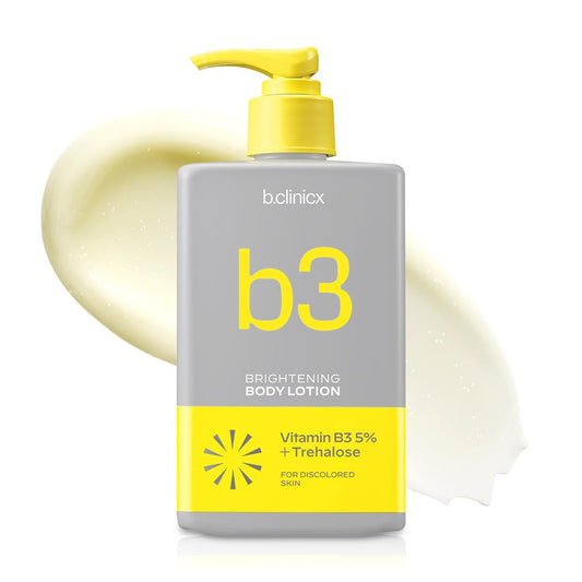 b.clinicx Niacinamide five percent brightening lotion bottle showing product label and pump for even tone use
