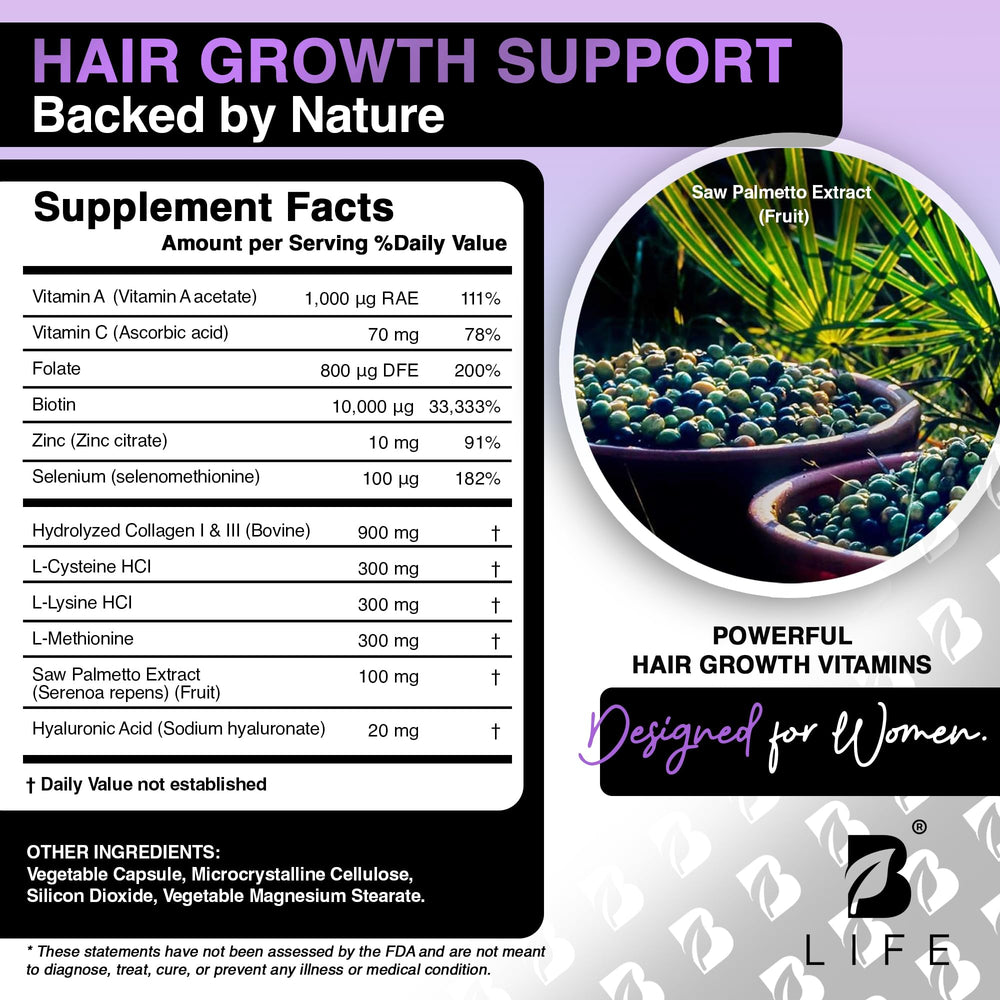B Life Company hair vitamins bottle label view communicates product purpose