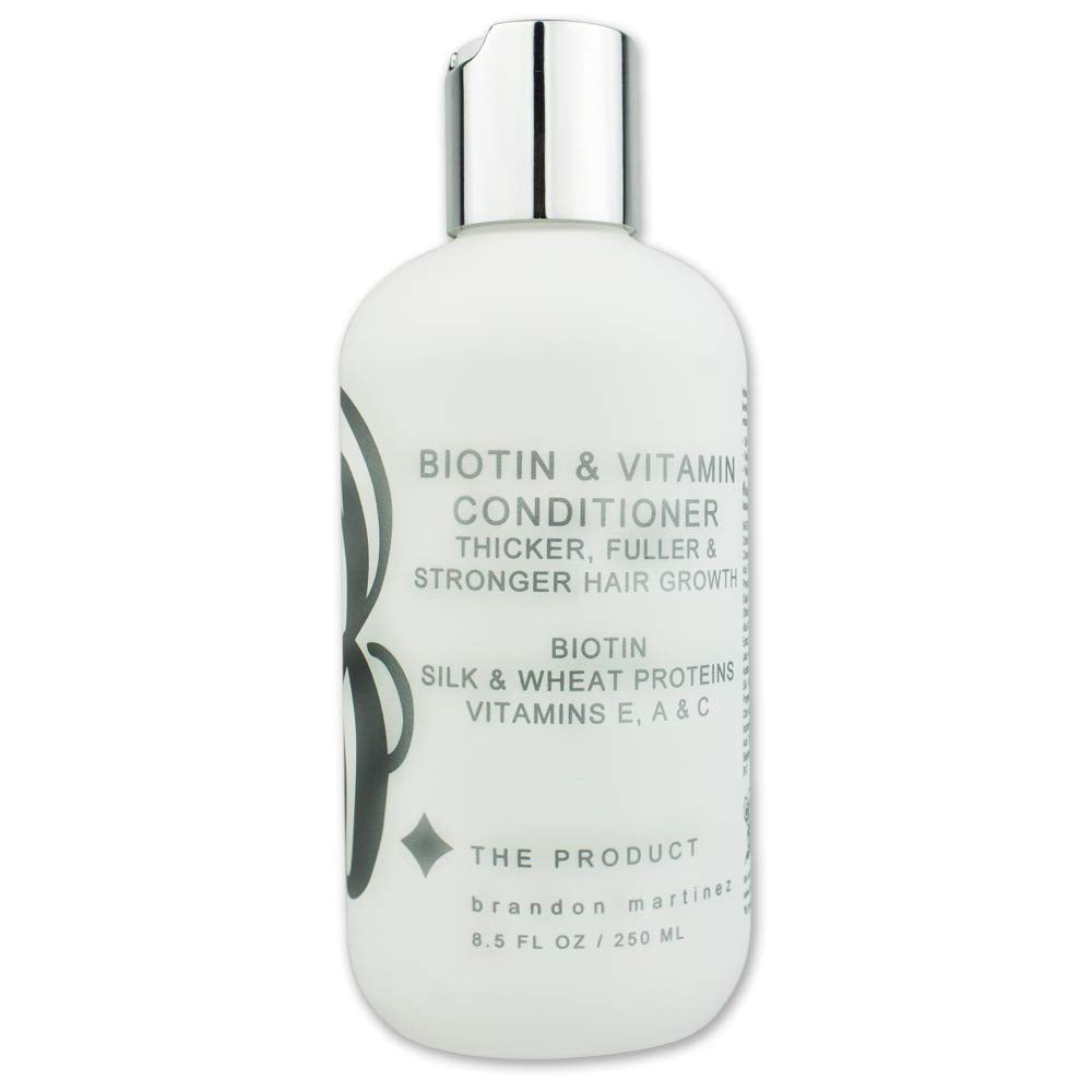 B THE PRODUCT Biotin hair conditioner bottle with hydrating look, ideal for thinning hair.