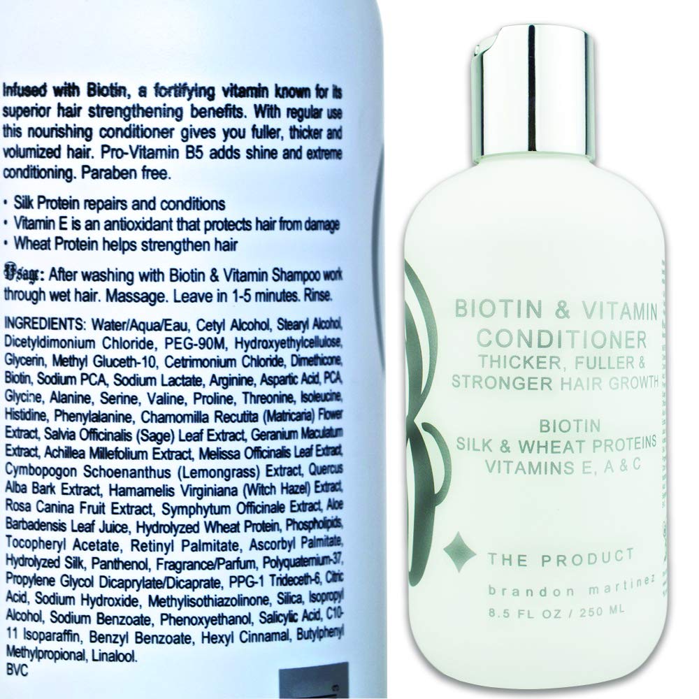 B THE PRODUCT Biotin conditioner label closeup highlighting nourishing formula benefits.