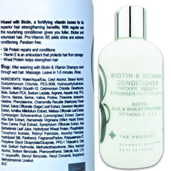 B THE PRODUCT Biotin conditioner label closeup highlighting nourishing formula benefits.