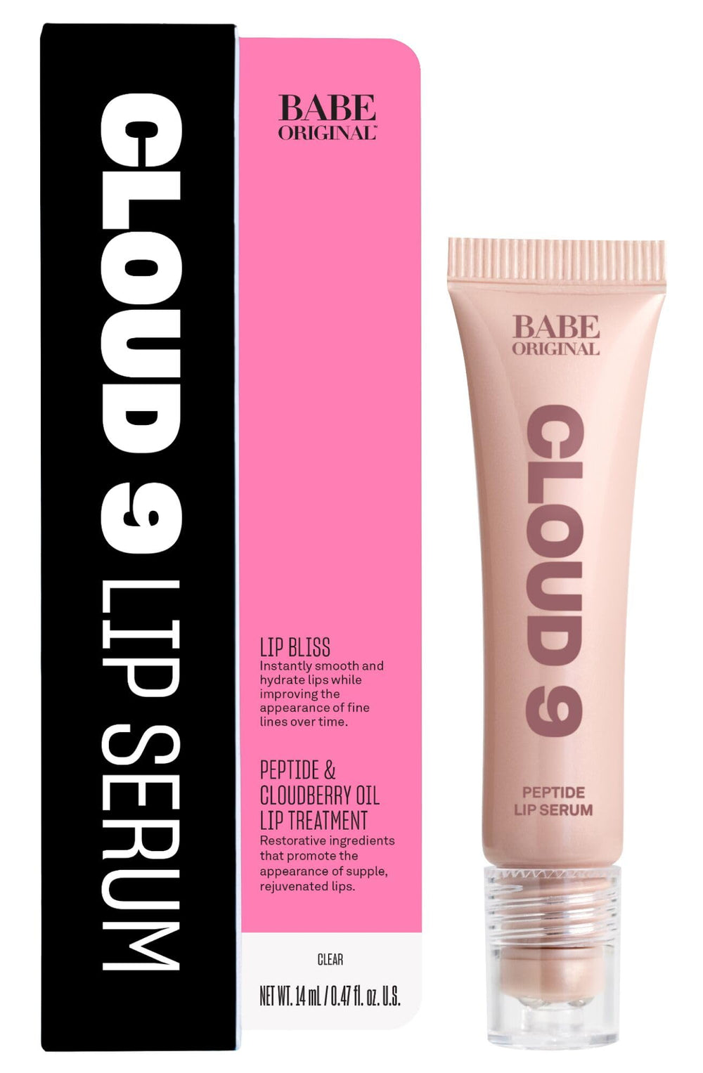 BABE ORIGINAL Cloud 9 Lip Serum bottle showcasing lightweight hydration for daily lips.