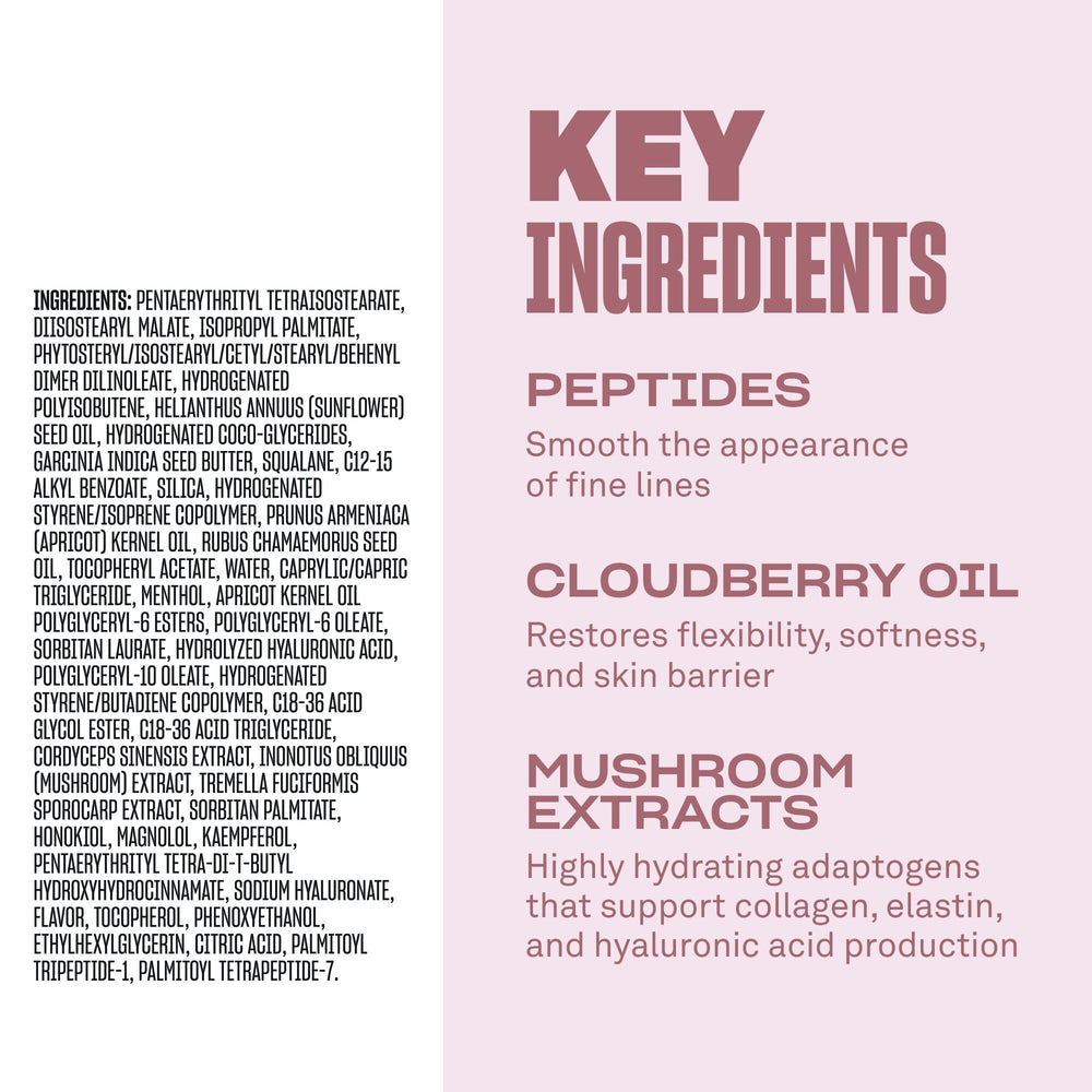 Peptides and botanicals support lip texture over time in Cloud 9 Serum.