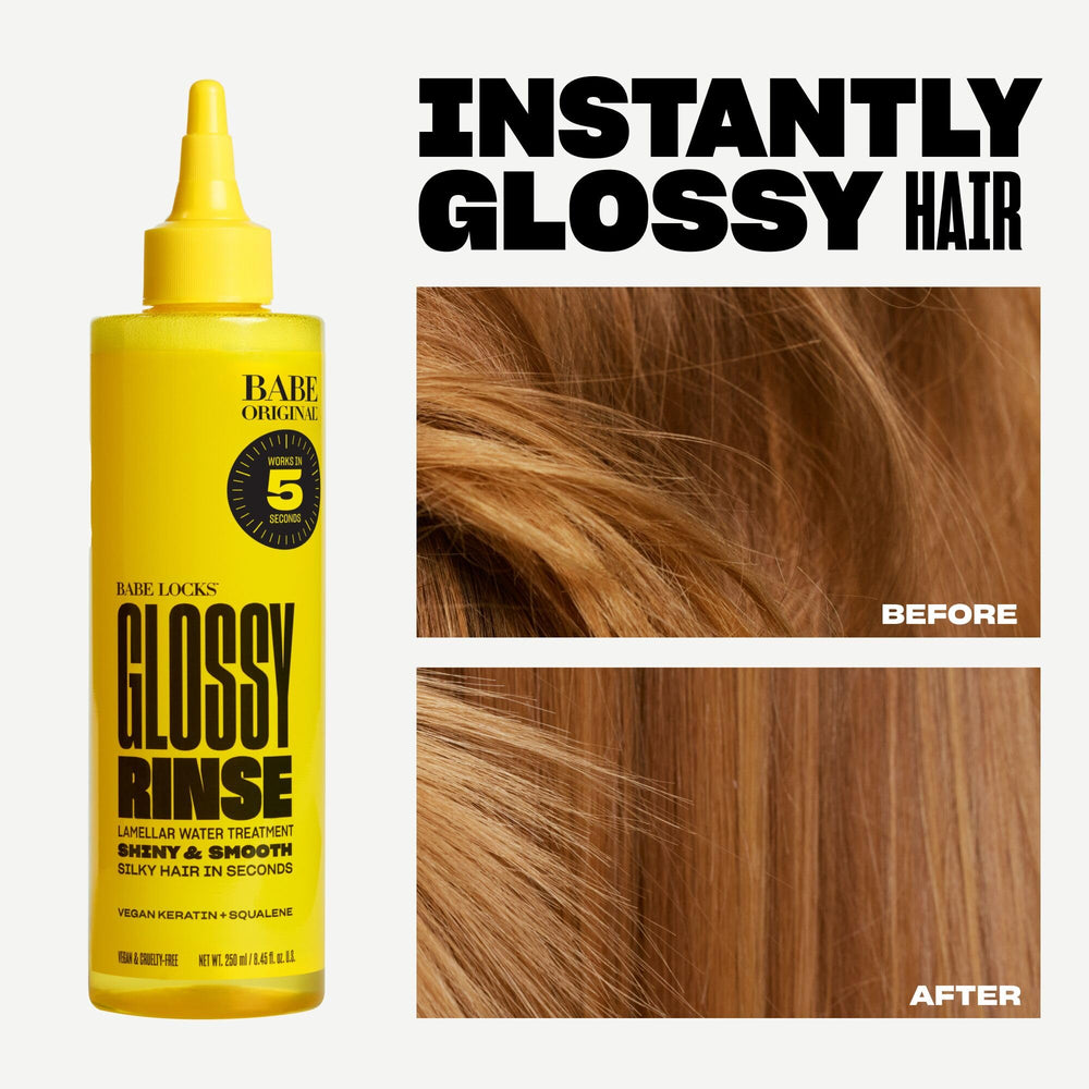 Close-up of massaging BABE ORIGINAL Glossy Rinse into hair lengths