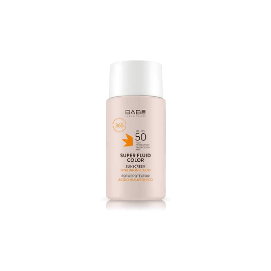 Babe Super Fluid Color Sunscreen SPF 50 bottle with light tinted finish.