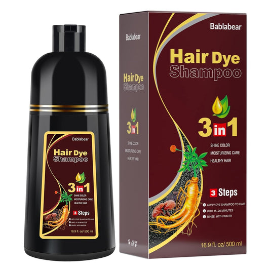 Bablabear brown hair dye shampoo packaging shows a sleek bottle for easy color touch-ups.