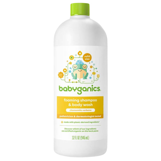 BabyGanics Chamomile Verbena refill bottle pour, gentle head-to-toe cleansing for babies.