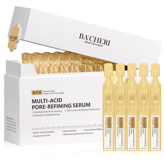BACHERI Pore Minimizer serum vial close-up showing refined pores and brighter skin