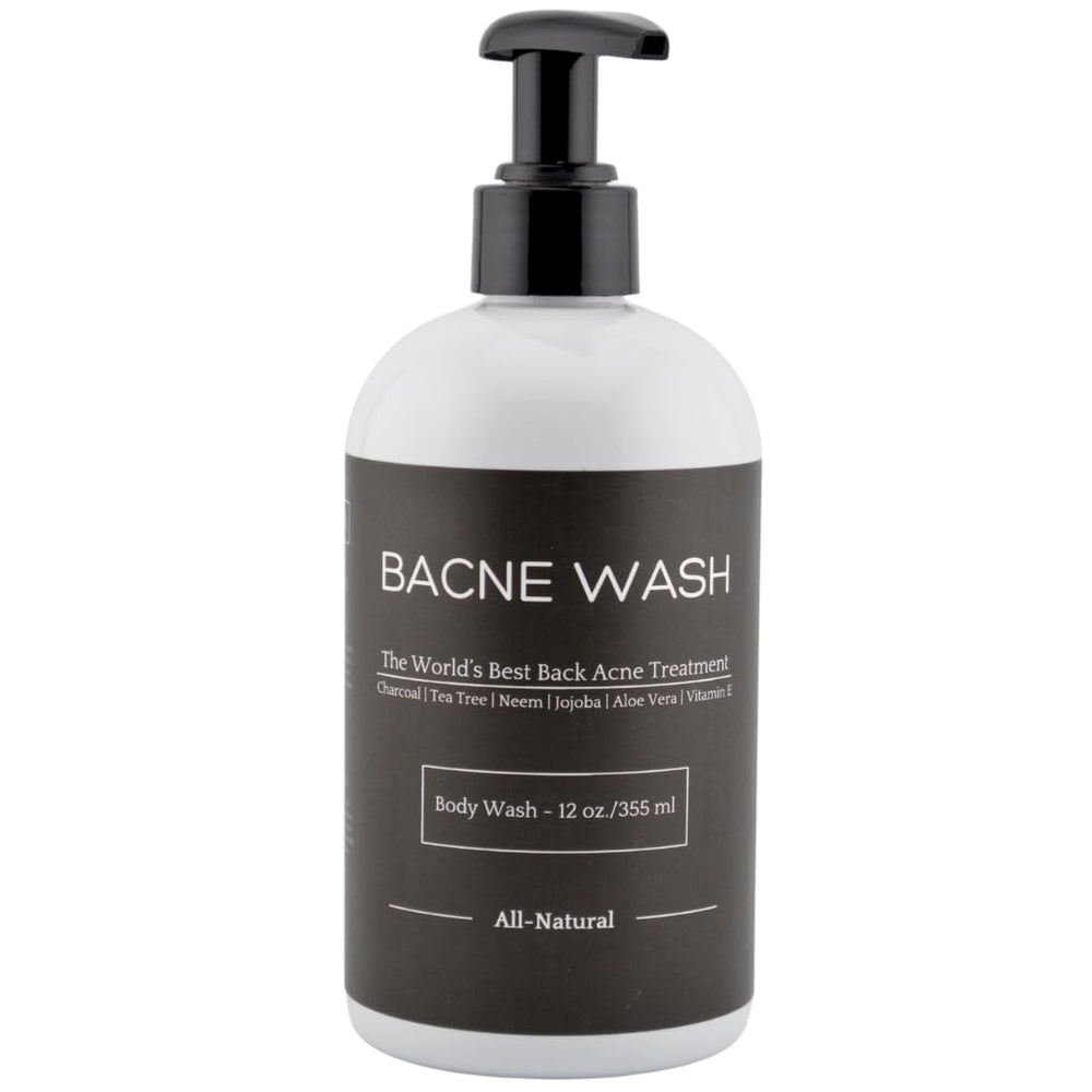 Bacne Bar Bacne Wash bottle pour with activated charcoal for deep pore cleansing.