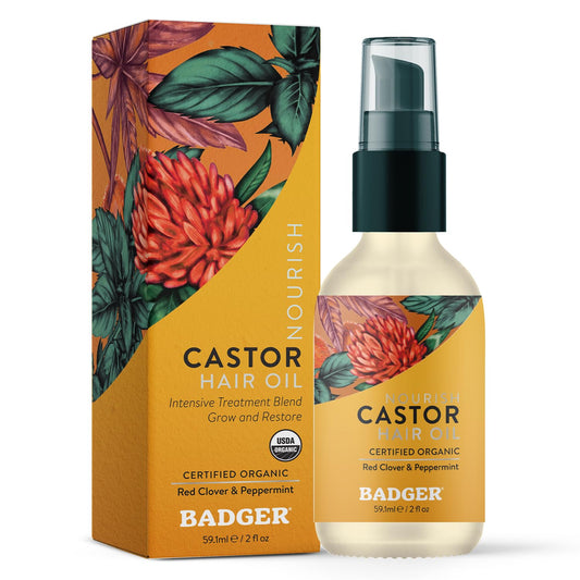 Badger castor hair oil bottle with pump for easy, mess-free use.