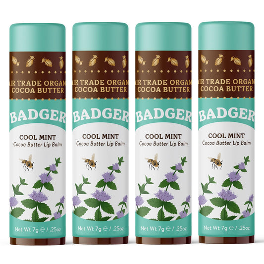 Badger Cool Mint Cocoa Butter Lip Balm stick ready for long-lasting hydration.