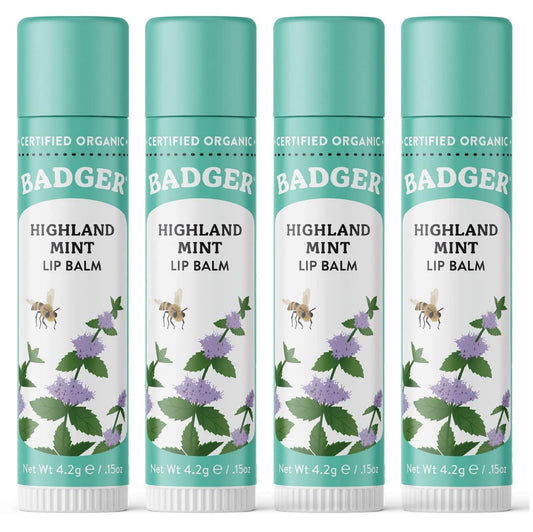 Badger Highland Mint Lip Balm 4-pack packaging shown for convenient on-the-go care