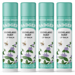Badger Highland Mint Lip Balm 4-pack packaging shown for convenient on-the-go care