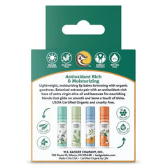 Badger lip balm lineup showing four flavors for daily hydration