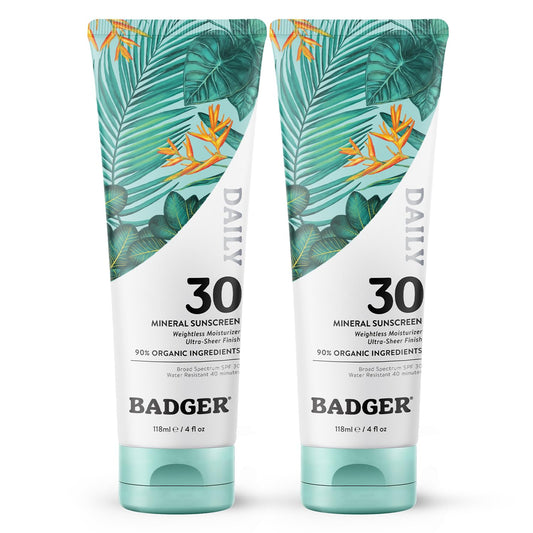 Badger Mineral Daily Sunscreen bottle; lightweight SPF 30 protection for daily use.