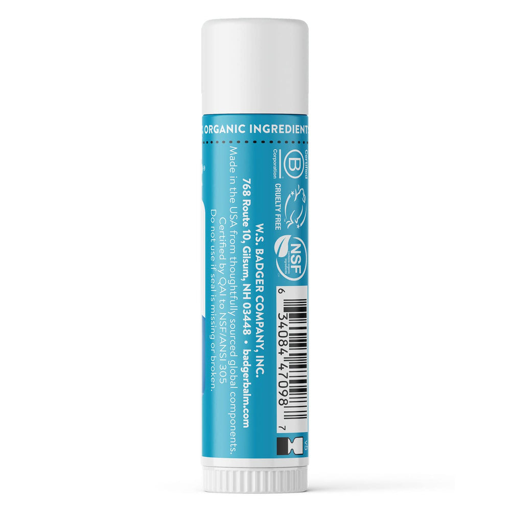 Badger reef-safe mineral lip balm graphic shows reef-friendly protection.