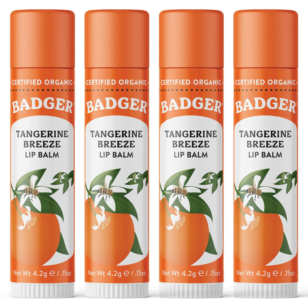 Badger Tangerine Breeze lip balm packaging showing a four-pack for family use