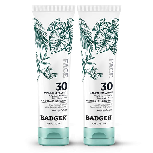 Badger zinc oxide sunscreen bottle with SPF 30; lightweight and sheer-matte finish