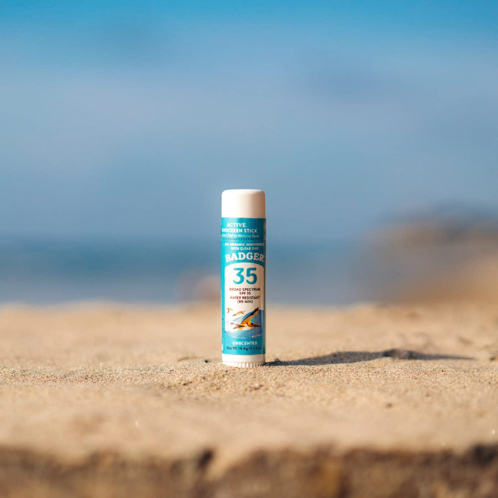Zinc oxide-based protection from Badger face stick on skin