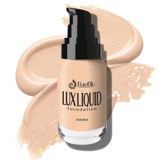 BaeBlu Lux Foundation bottle with premium packaging for a natural glow