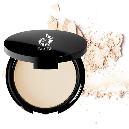 BaeBlu Organic Matte Setting Powder compact offers a natural, oil-absorbing finish for all-day wear