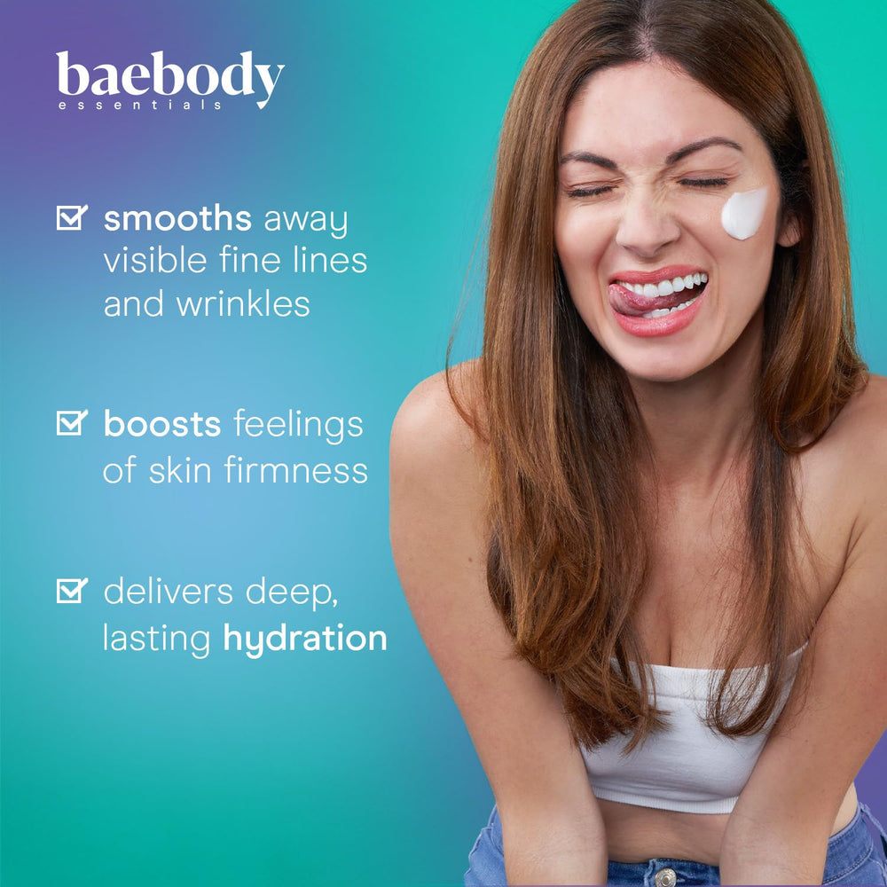 Close-up of Baebody Hyaluronic Acid moisturizer texture highlighting plump skin