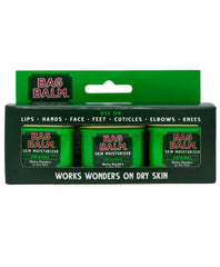 Bag Balm mini tin gift box set front view showing three compact tins for versatile skin care