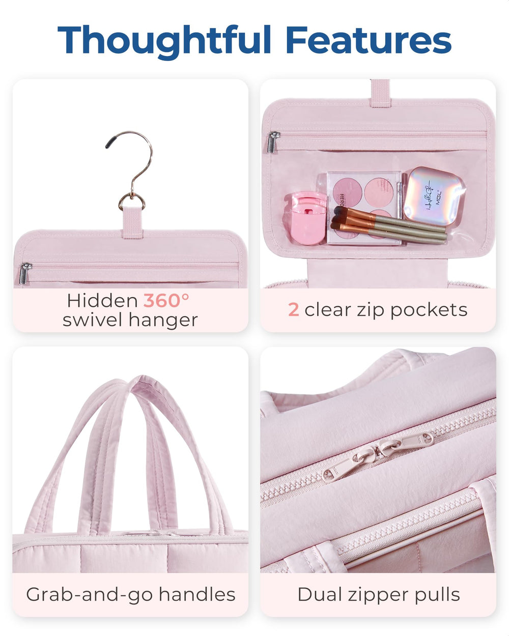 BAGSMART convenient design includes swivel hook and two-way zipper.