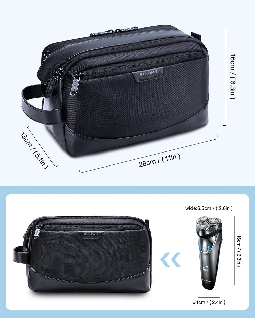 BAGSMART Toiletry Bag wide opening with double-zipper for quick access.