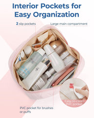 BAGSMART travel cosmetic bag in soft pink fabric, easy to handle on trips.