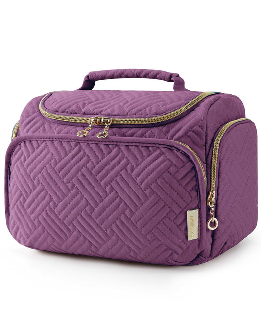 BagSMART travel toiletry bag large purple, closed, neatly organizes essentials for travel.