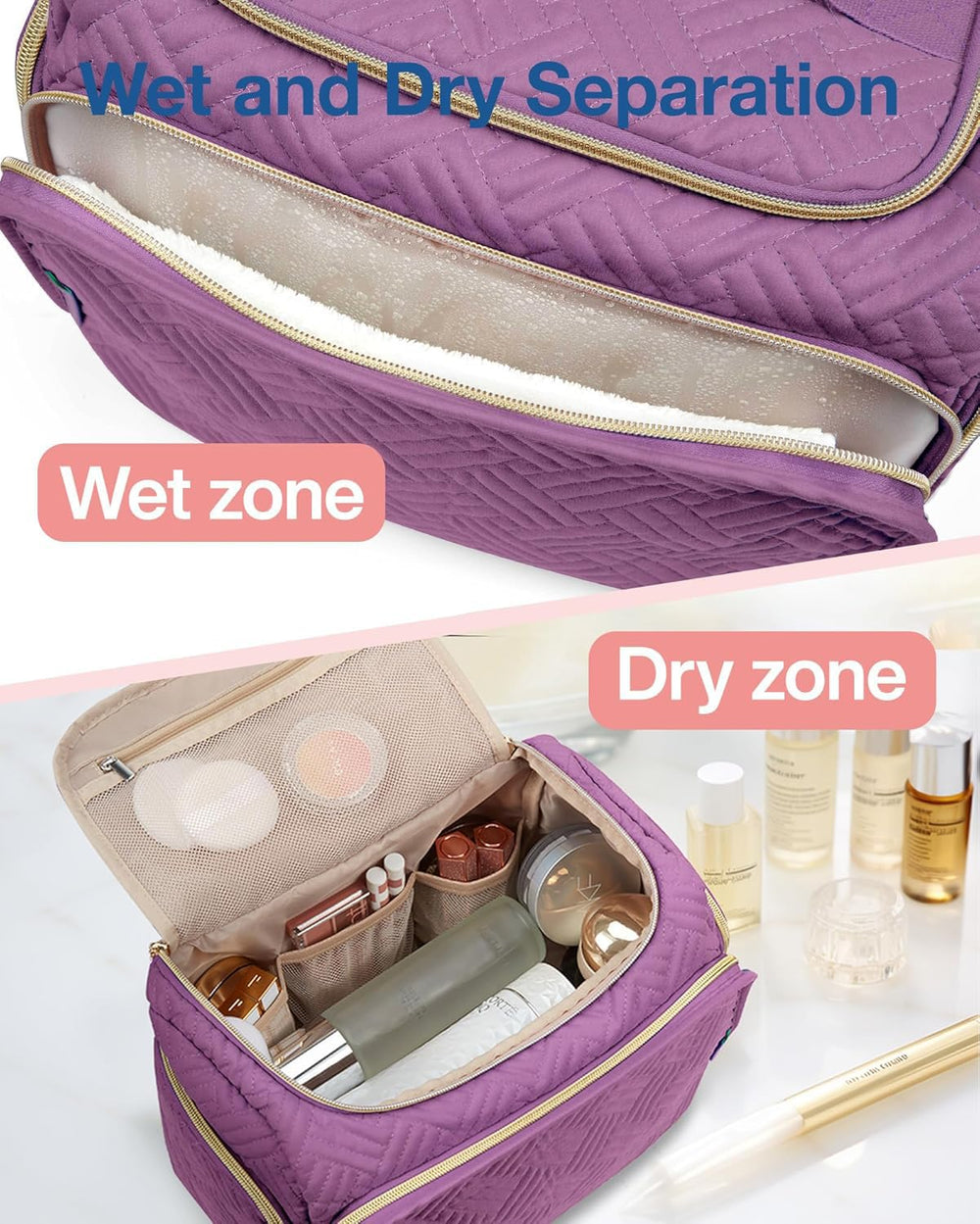 BagSMART travel toiletry bag large purple, wide-open, quick access to cosmetics on the go.