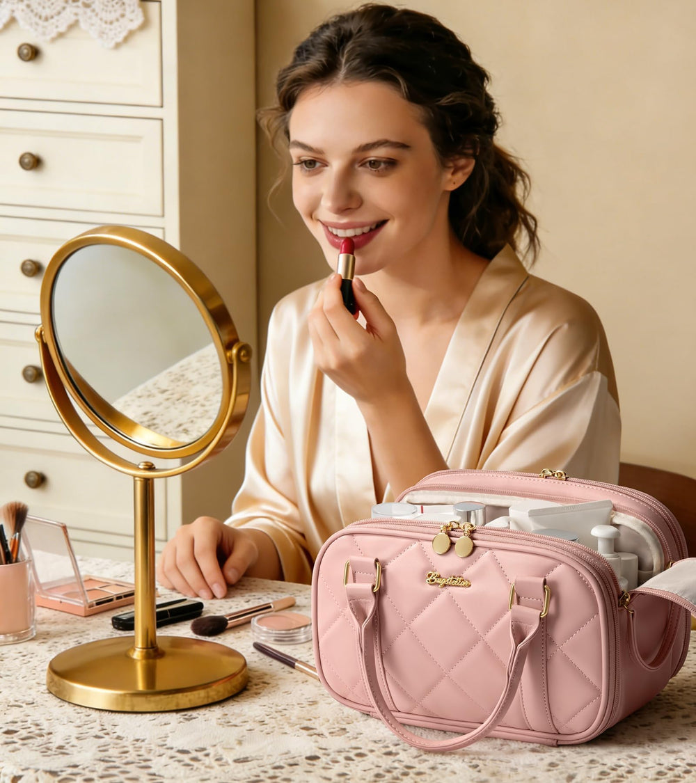 Bagstellar stand-up makeup bag staying upright during travel.