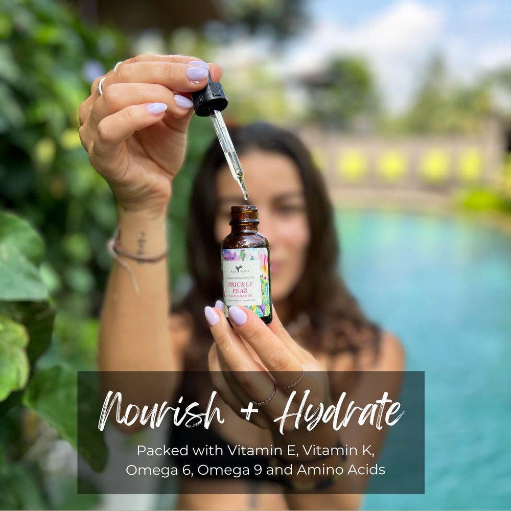 Baja Basics Prickly Pear Seed Oil applied to face for fast absorption and radiance.