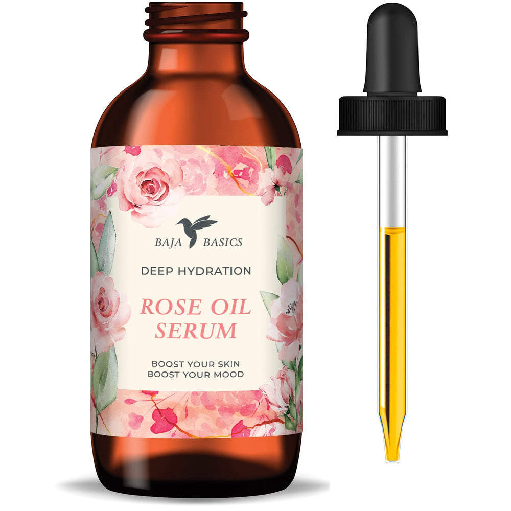 Baja Basics Rose Oil bottle close-up showing premium hydrating skincare.