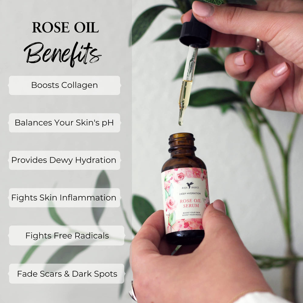 Baja Basics Rose Oil being massaged onto face for radiant skin.