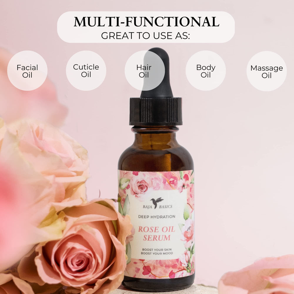 Baja Basics Rose Oil with rose petal aroma for soothing ambiance.