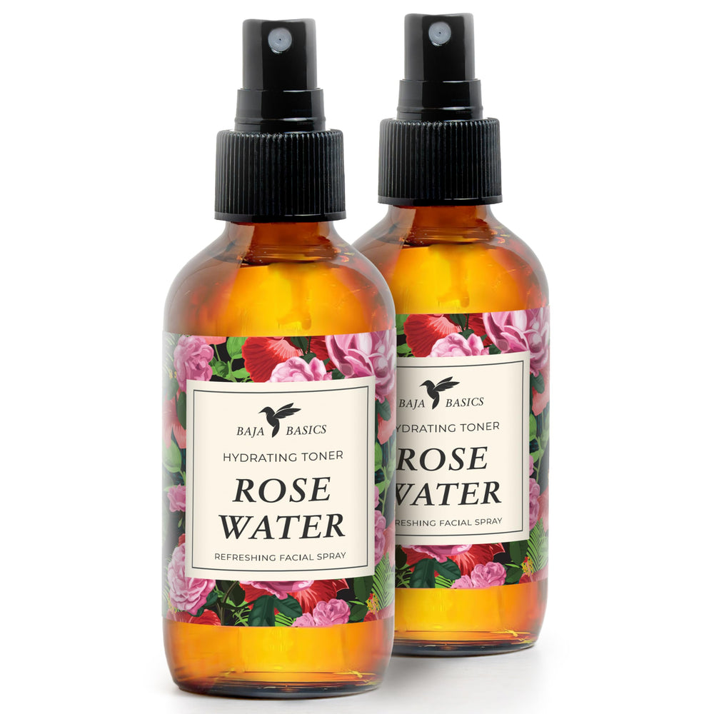 Baja Basics Rose Water Spray on the face for lightweight hydration and gentle toning.