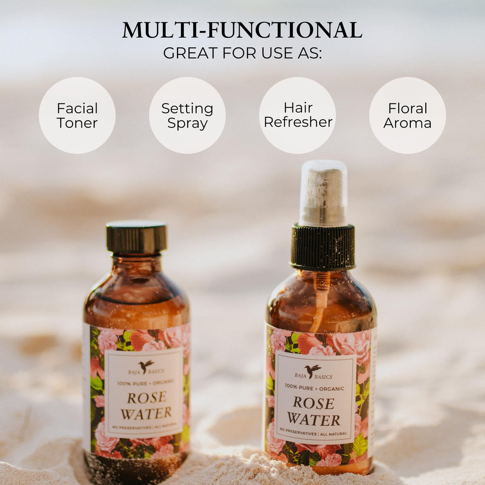 Baja Basics Rose Water Toner bottle offers versatile facial and hair mist.