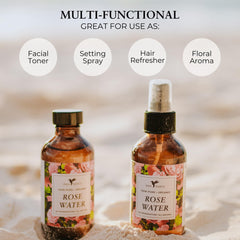 Baja Basics Rose Water Toner bottle offers versatile facial and hair mist.
