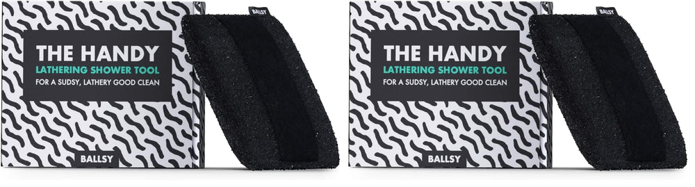 Ballsy Handy Shower Tool grip-strap ensures secure scrubbing in wet showers.