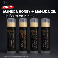 Close-up of Manuka label highlights natural ingredients for soothing lip care