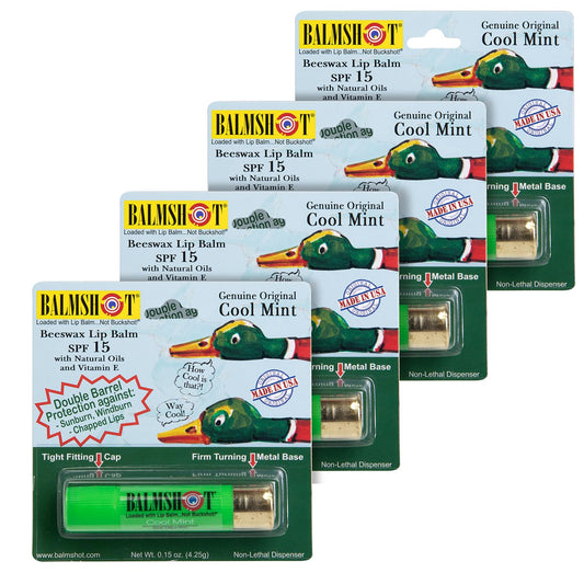 Balmshot lip balm four-pack in shotgun-shell tubes for versatile lip care on the go.
