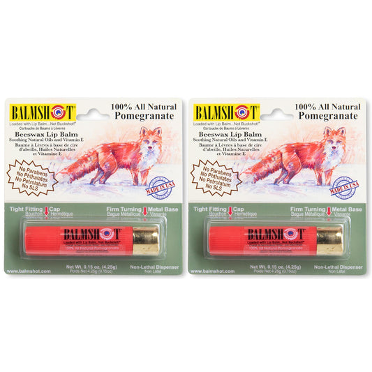 Balmshot pomegranate lip balm two-pack, smooth hydration for dry lips.